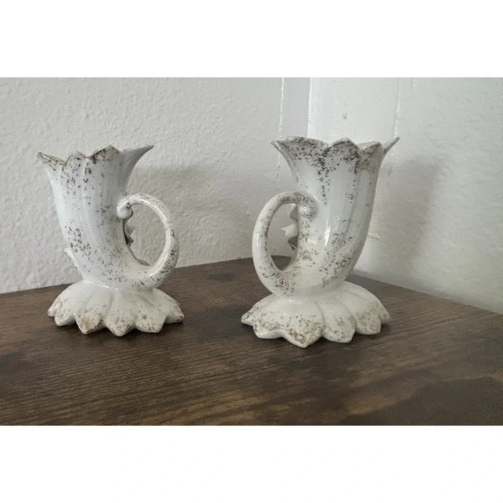 PAIR 2-PC Vintage Lefton China #285 Hand Painted 3D‎ Floral Candle Stick Holders